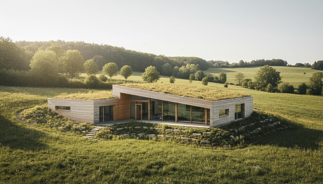 Modernes Holzhaus in sonniger Naturlandschaft