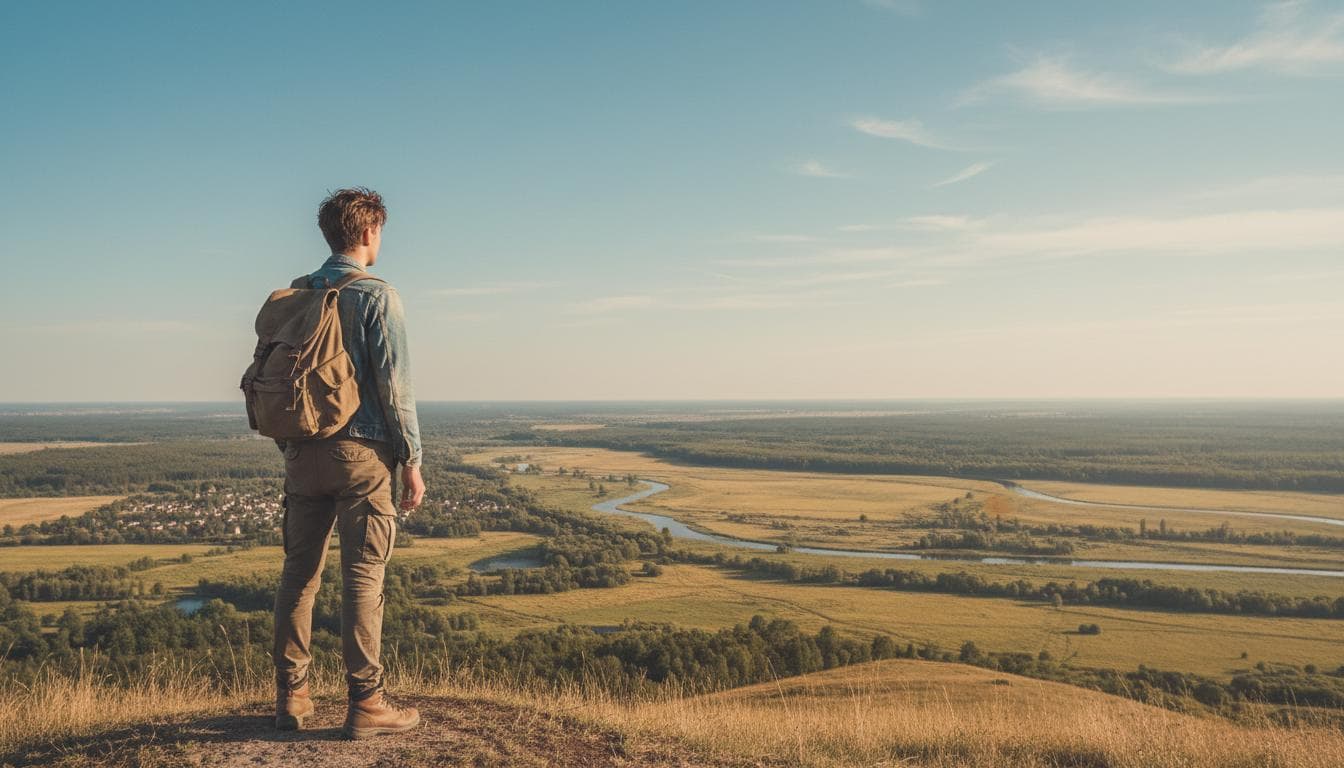Person mit Rucksack auf Hügel