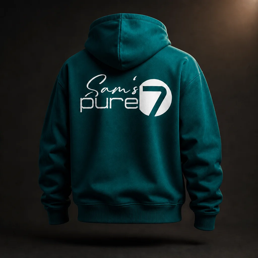 Petrolfarbener Hoodie mit großem Sam's-pure-7-Rückenprint