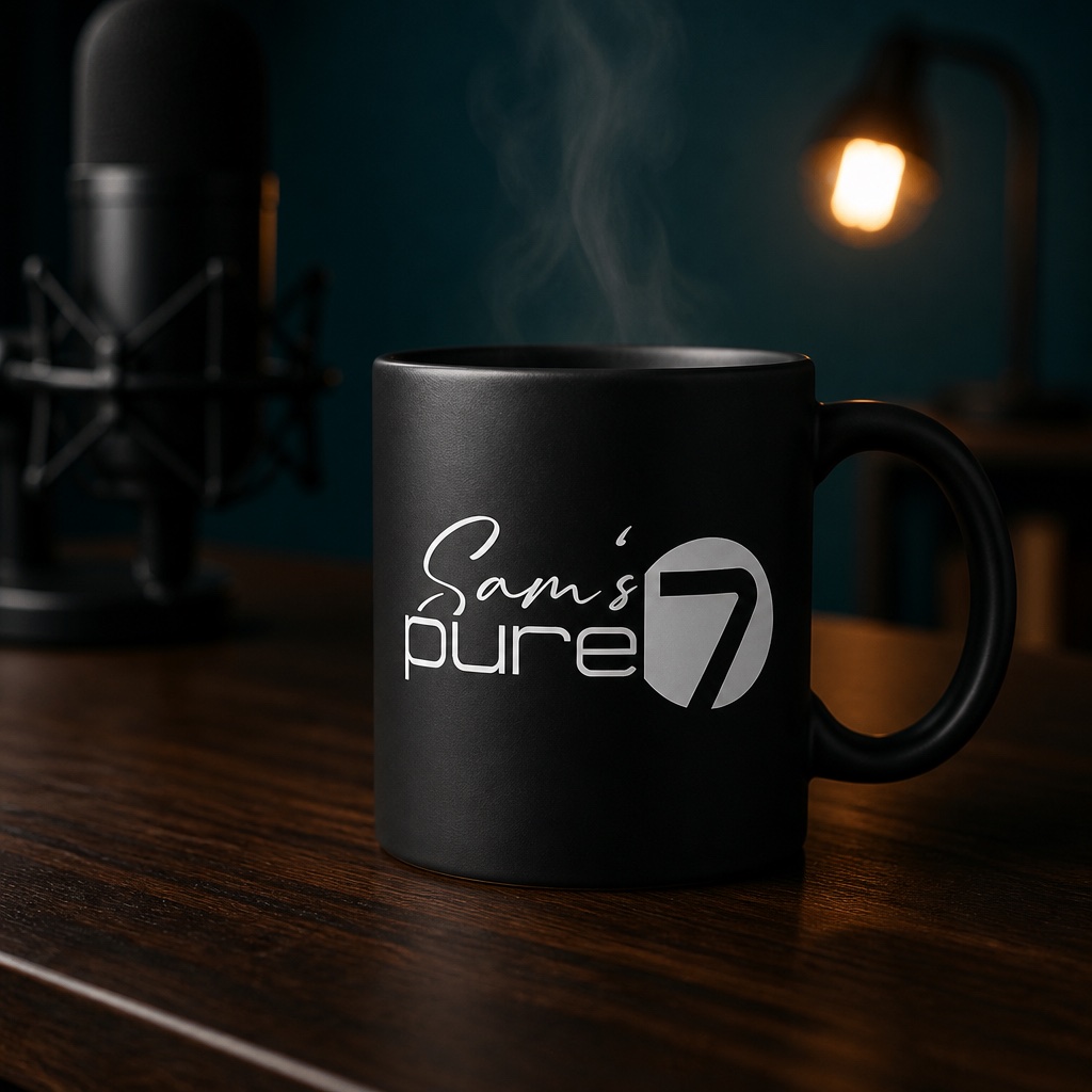 Schwarze Tasse mit weißem Sam's-pure-7-Logo